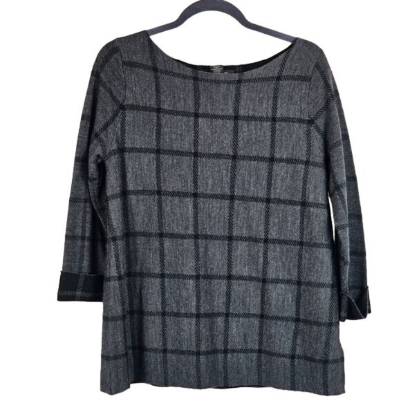 Tahari Extra Fine Merino Wool Sweater Sz M Boatneck Gray Black Quiet Luxury - Picture 1 of 7